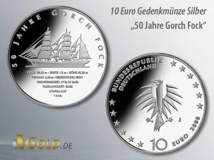 4. Münze 2008: 50 Jahre Gorch Fock, 10 Euro Silber-Gedenkmünze