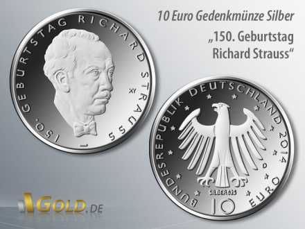 3. Münze 2014: 150. Geburtstag Richard Strauss, Silber-Gedenk-Münze 10 Euro
