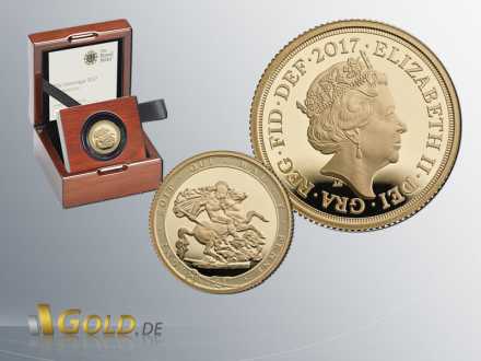 Sovereign 2017 Royal Mint Proof 1oz  Elisabeth II. mit Krone Goldmünze + Shipper