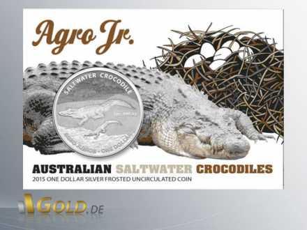 Salzwasser-Krokodil (saltwater crocodile) Agro Jr. 2015, 1 oz Silber, Vorderseite des Blisters mit Münze