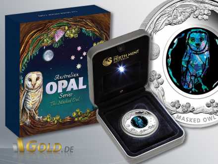 Opal Series Australien, 2014, Masked Owl (Eule) , Silbermünze 1 oz mit beleuchteter Schatulle
