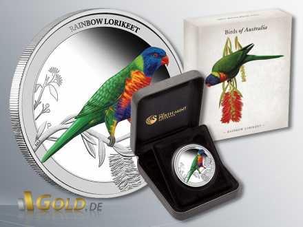 Birds of Australia 2013 Silber, Rainbow Lorikeet, Schatulle und Verpackung
