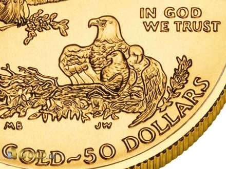 Detail des Gold Eagle: Nennwert u. das berühmte "In God we Trust"