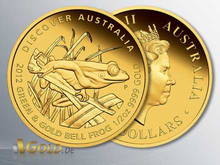 Discover Australia Goldmünze 2012, Green and Gold Bellfrog (Laubfrosch), 1/2 oz PP