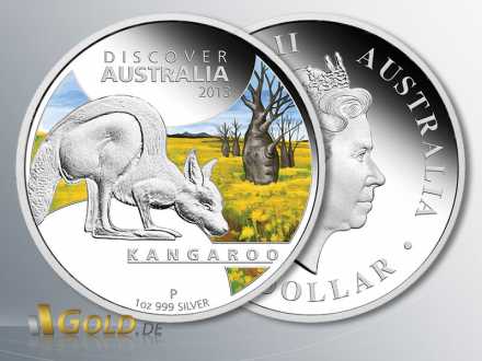 Discover Australia 2013 Silber, Kangaroo (Känguru), Silbermünze 1 oz PP coloriert