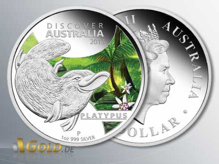 Discover Australia 2013 Silbermünze, Platypus (Schnabeltier), 1 oz Silber farbig Polierte Platte