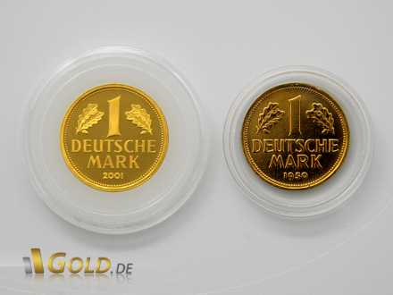 Gold-Mark: Echte Münze links und Fälschung rechts mit falscher Jahreszahl