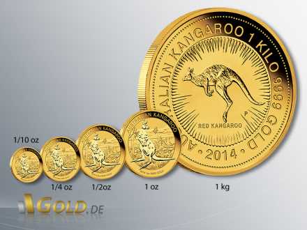 Nugget Kangaroo 2014, Känguru Gold, Stückelungen 1/10 oz, 1/4 oz, 1/2 oz, 1 oz, 1 kg