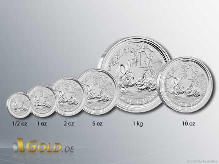 Stückelungen des Lunar 2 Hase Silber 2011: 1/2 oz,1 oz, 2 oz, 5 oz, 10 oz und 1 kg