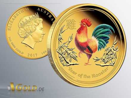 Lunar II Year of the Rooster - Hahn 2017  Proof Coloriert 1 oz Goldmünze