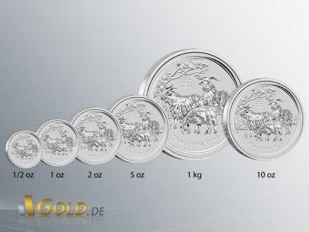 Lunar 2 Ziege Silber 2015, Stückelungen: 1/2 oz,1 oz, 2 oz, 5 oz, 10 oz und 1 kg