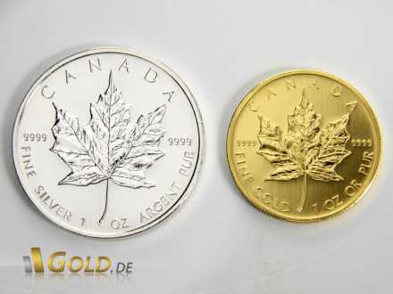 Größenverhältnis des Maple Leaf 1 oz Silber zu 1 oz Gold