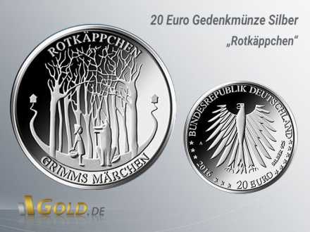 1.  20 Euro Gedenkmünze Rotkäppchen, aus der Serie 200 Jahre Grimms Märchen