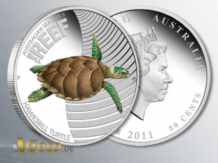 Sea Life II - The Reef, Hawksbill Turtle 2011 (Schildkröte), 1/2 oz PP Silbermünze Silber