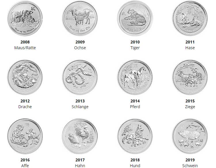 Lunar II Silbermünzen komplett Serie, alle Motive bis 2018