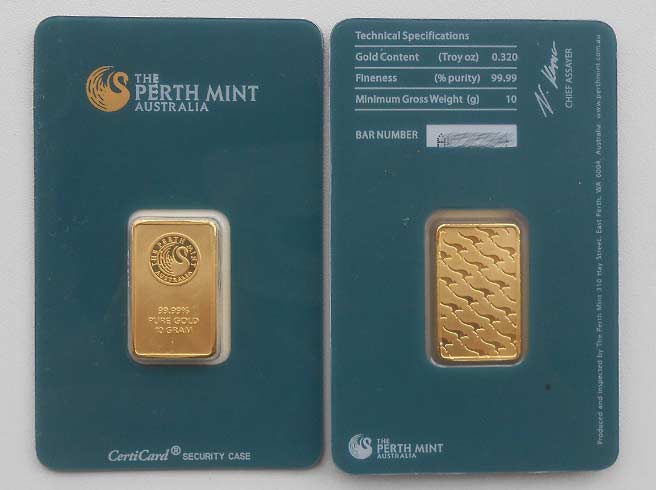 10 g Perth Mint Barren aus Gold in grünem Blister