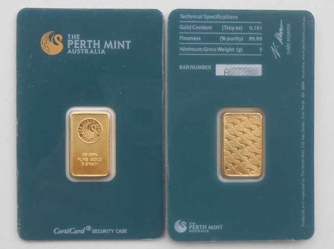 Gefälschter 5 g Goldbarren der Perth Mint (Blister grün)