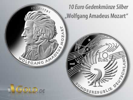 1. Ausgabe 2006: 250. Geburtstag von Wolfgang Amadeus Mozart, 10 Euro Gedenkmünze Silber