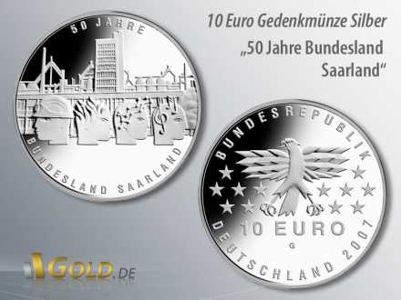1. Motiv 2007: 50 Jahre Bundesland Saarland, 10 Euro Gedenkmünze, Silber
