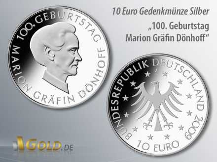 6. Motiv 2009: 100. Geburtstag Marion Gräfin Dönhoff, 10 Euro Silber-Gedenkmünze