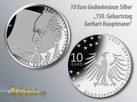 5. Münze 2012: 150. Geburtstag Gerhart Hauptmann, 10 Euro Gedenkmünze Silber
