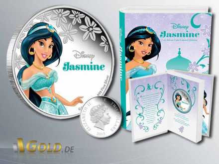 Disney Jasmine- Aladin, Silbermünze 1 oz, mit Märchenbuch-Hülle