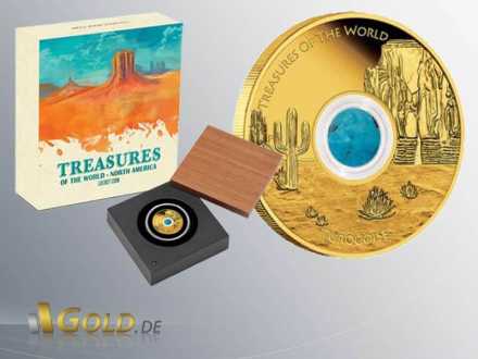 North America 2015 Treasures of the World, Display mit schwenkbarem Echtholzdeckel, Goldmünze 1 oz