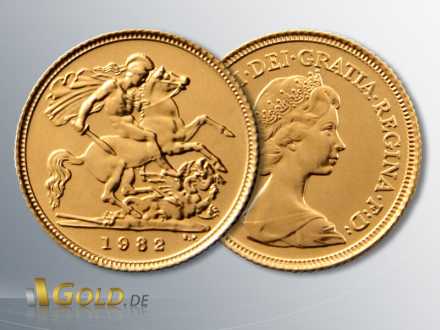 Sovereign, 1 Pfund, von 1982, mit dem heiligen Georg und Königin Elisabeth