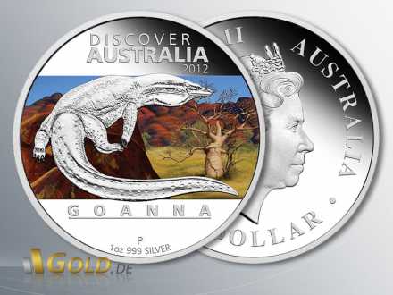 Discover Australia Silber-Münze 2012, Goanna, 1 oz Silber PP Coloriert