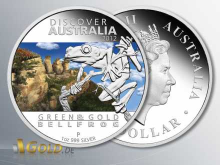 Discover Australia Silbermünze 2012, Green and Gold Bellfrog (Laubfrosch), 1 oz farbig PP