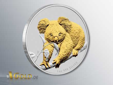 Koala in Silber von 2010, 1 oz, vergoldet (gilded)