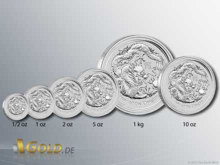Lunar Serie 2 Silber, Motiv 2012 Drache - Stückelungen: 1/2 oz,1 oz, 2 oz, 5 oz, 10 oz und 1 kg