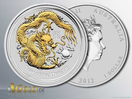 Lunar II Drache 2012 Silber, 1 oz gilded (vergoldet)