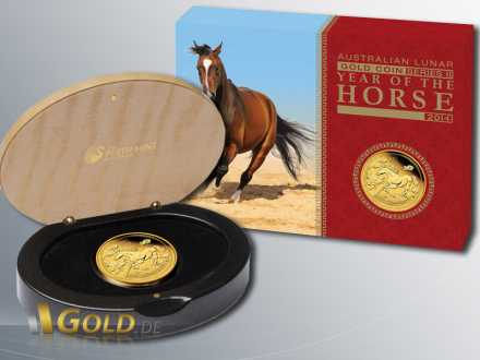 Lunar Serie II Gold, Pferd 2014 in PP (Polierte Platte) mit Schatulle und Umverpackung