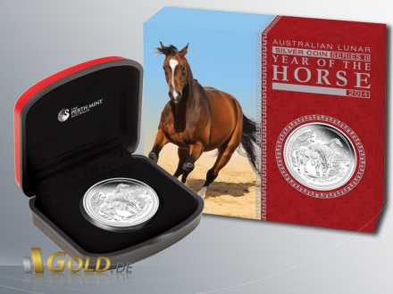 Lunar Serie II Silber, Pferd 2014 in PP (Polierte Platte) mit Schatulle und Umverpackung