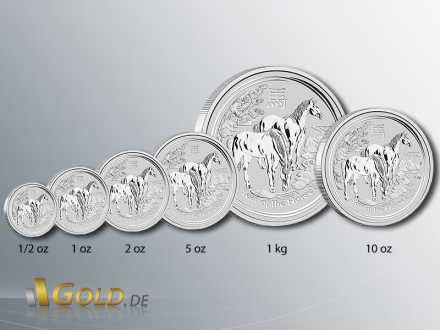 Lunar 2 Pferd in Silber 2014, Stückelungen: 1/2 oz,1 oz, 2 oz, 5 oz, 10 oz und 1 kg