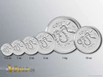 Stückelungen Lunar 2 Schlange Silber 2013: 1/2 oz,1 oz, 2 oz, 5 oz, 10 oz und 1 kg