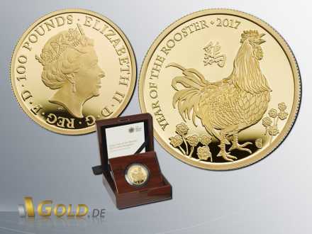 Lunar Großbritanien Royal Mint 2017 Hahn 1 oz Goldmünze