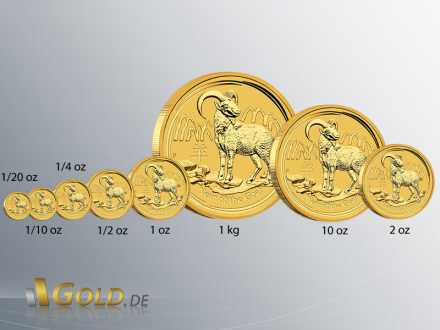Lunar 2 Ziege Gold 2015, Stückelungen: 1/2 oz,1 oz, 2 oz, 5 oz, 10 oz und 1 kg