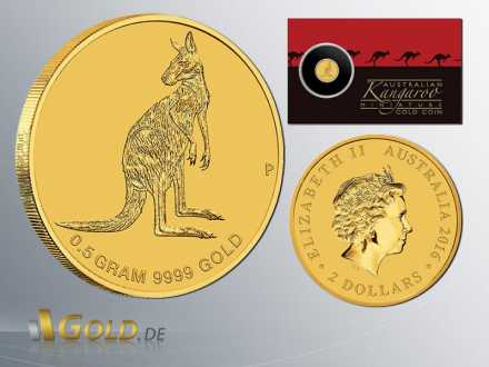 Mini Roo Gold-Münze 2016, 0,5 g Gold, Vorder-u. Rückseite + Blisterkarte