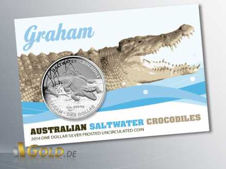Salzwasser-Krokodil (saltwater crocodile) Graham, 2014, 1 oz Silber, Vorderseite des Blisters