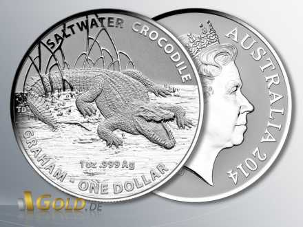 Salzwasser-Krokodil (saltwater crocodile) Graham, 2014, 1 oz Silber