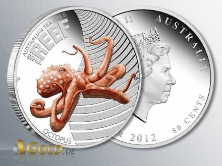 Silbermünze Sealife II - The Reef 2012, Octopus (Krake), 1/2 oz Silber PP coloriert
