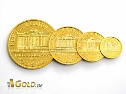 Wiener Philharmoniker Gold Nennwerte 100 Euro, 50 Euro, 25 Euro und 10 Euro